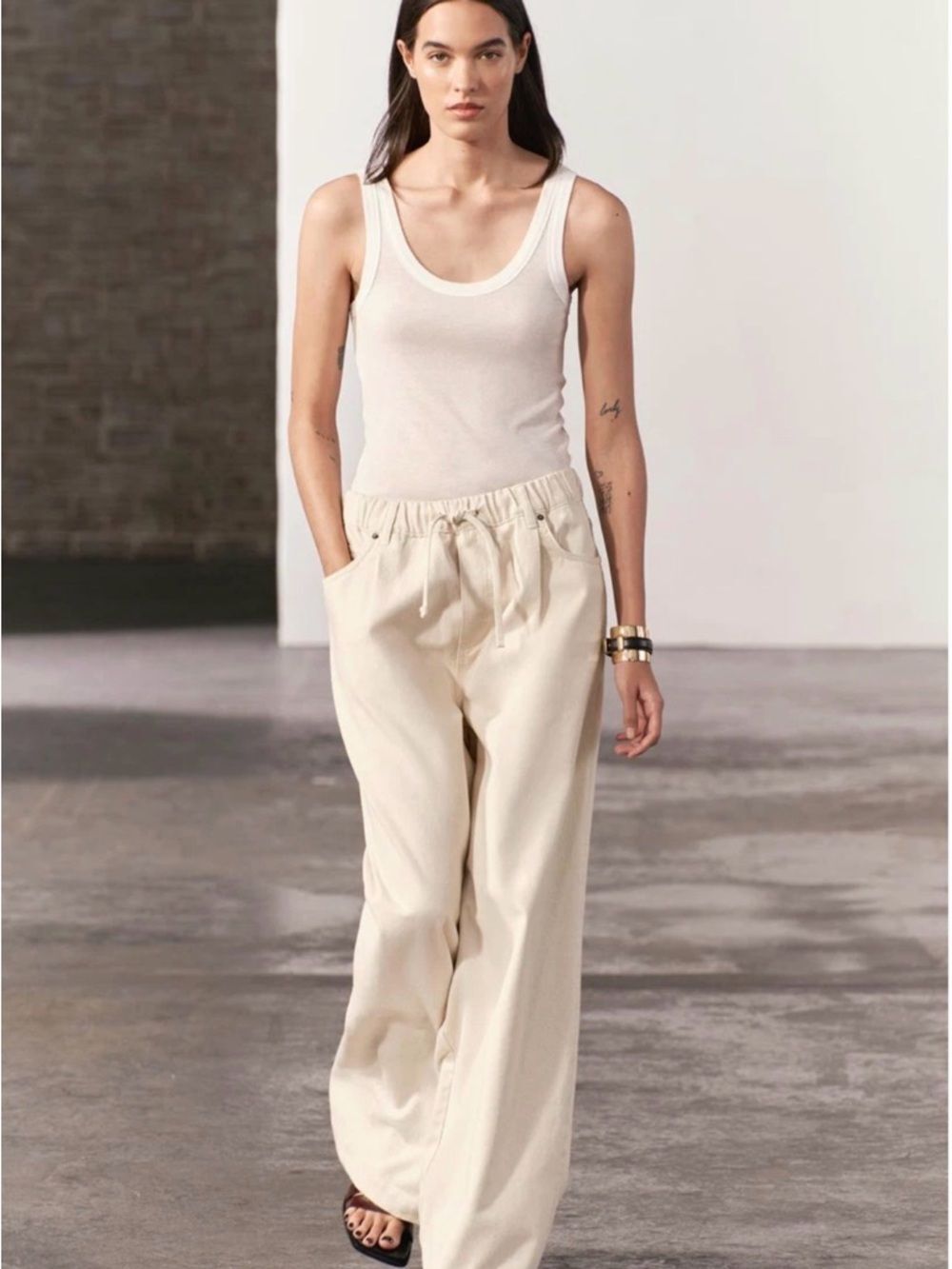 Zara Wide Leg Pants Cream White Drawstring Elastic 100% Cotton XL Crop Pockets
